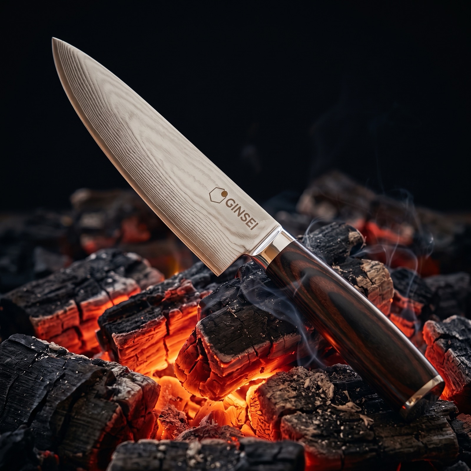 A GINSEI Damascus chef’s knife resting on glowing embers